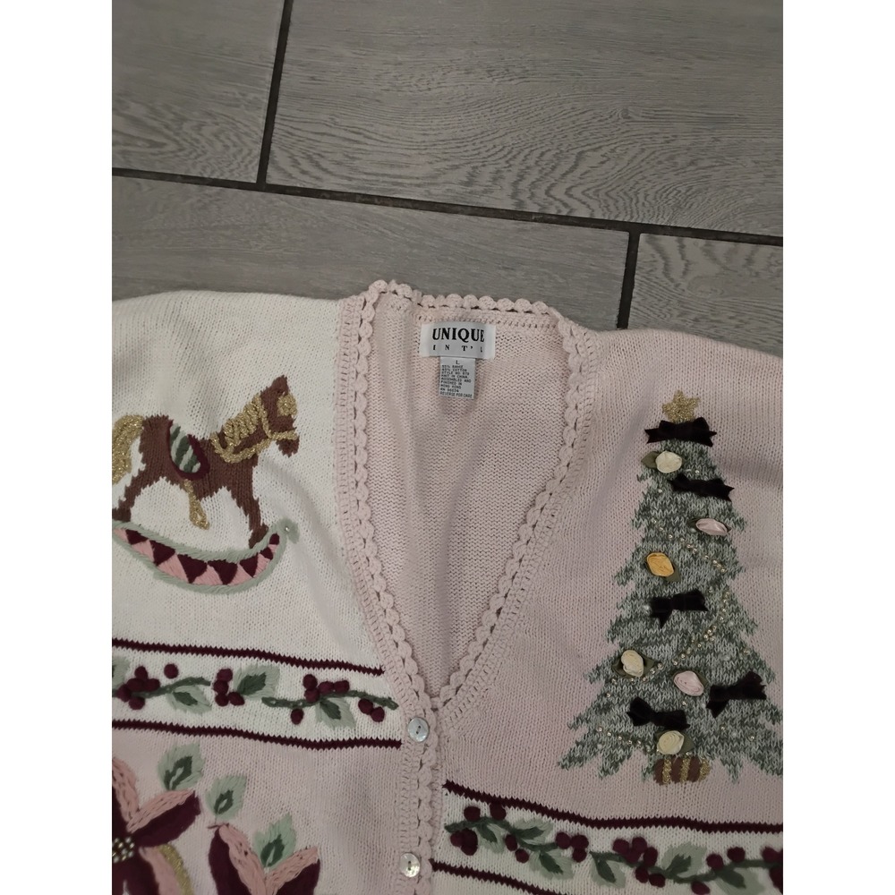 Unique Knit Women's Christmas Cardigan Sweater Rocking Horse‎ Tree Poinsettia -L - Picture 8 of 10